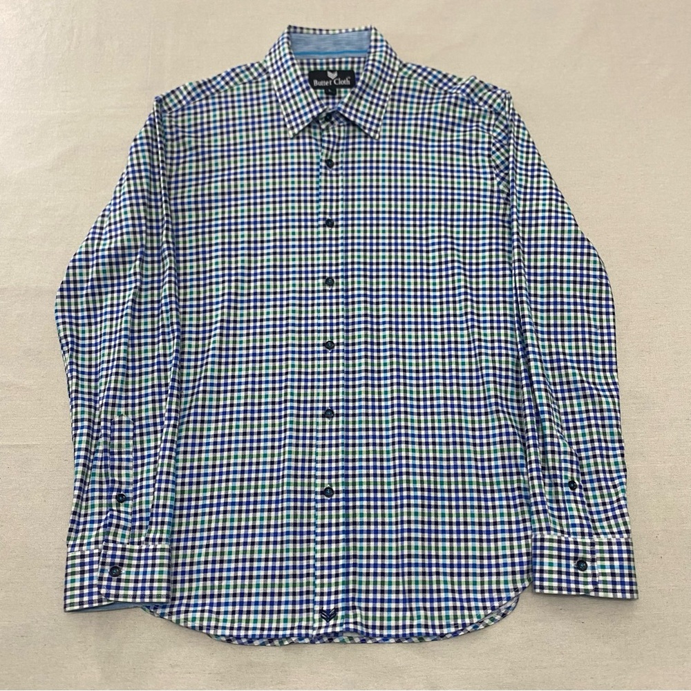 Butter Cloth Mens Colorful Blue Green Gingham Plaid Button Up Shirt L Preppy